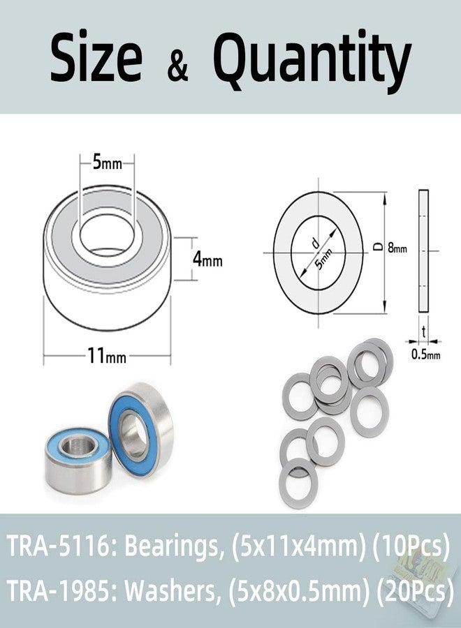 FUSHIBEARING TRA Kit 5116 Ball Bearings, Blue Rubber Sealed 5x11x4mm (10) with 1985 PTFE-Coated Washers, 5x8x0.5mm (20) for Traxxas - Image 3